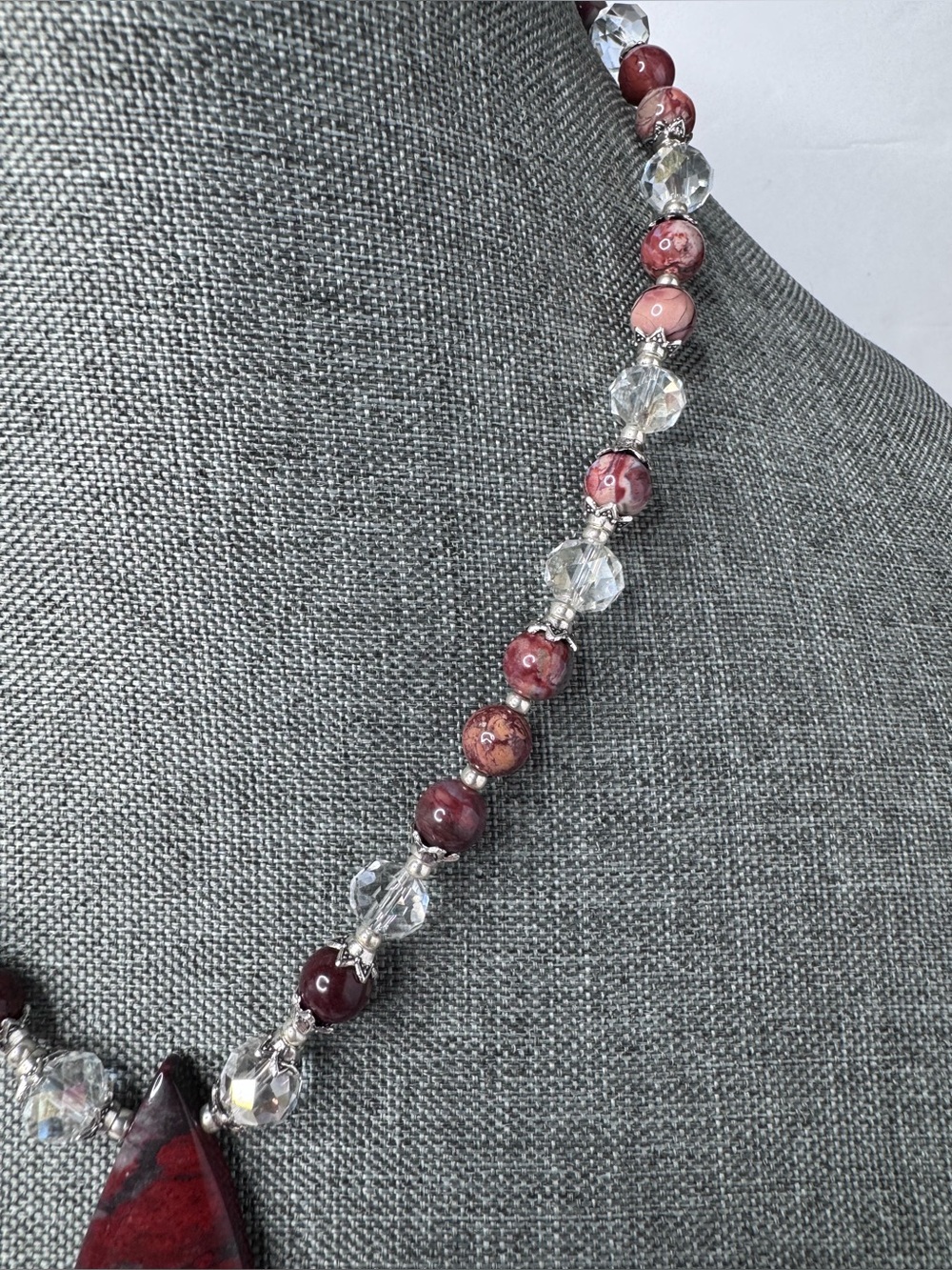 Red Brecciated Jasper Pendant, Porcelain Jasper Beads & Faceted Crystal Necklace - Picture 2 of 7